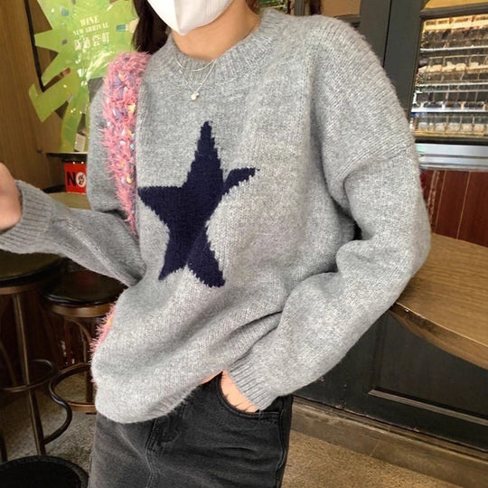 Damen nan oversized Strickpullover mit markantem Sternmotiv, Rundhalsausschnitt und gerippten Bündchen EB