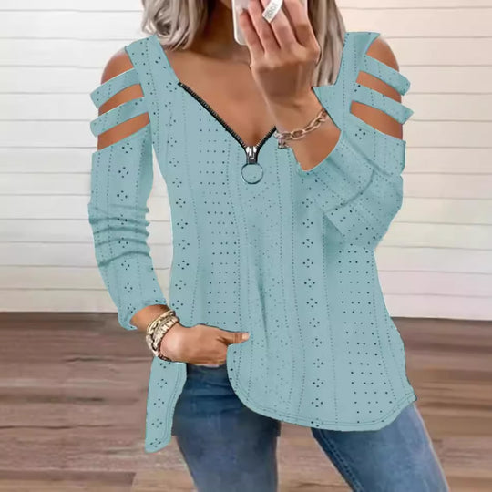 Damen modisches Oberteil mit Cut-Out-Ärmeln und tiefem V-Ausschnitt EB
