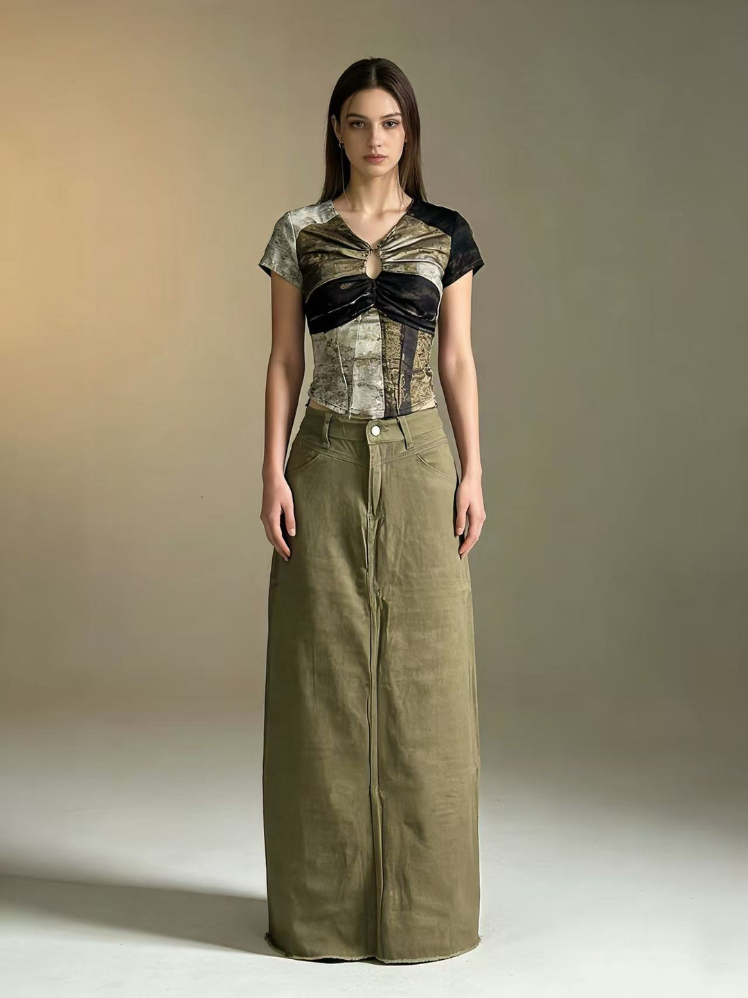 Damen nan langer High-Waist Denim-Maxirock mit gerader Silhouette und rohem Saum EB