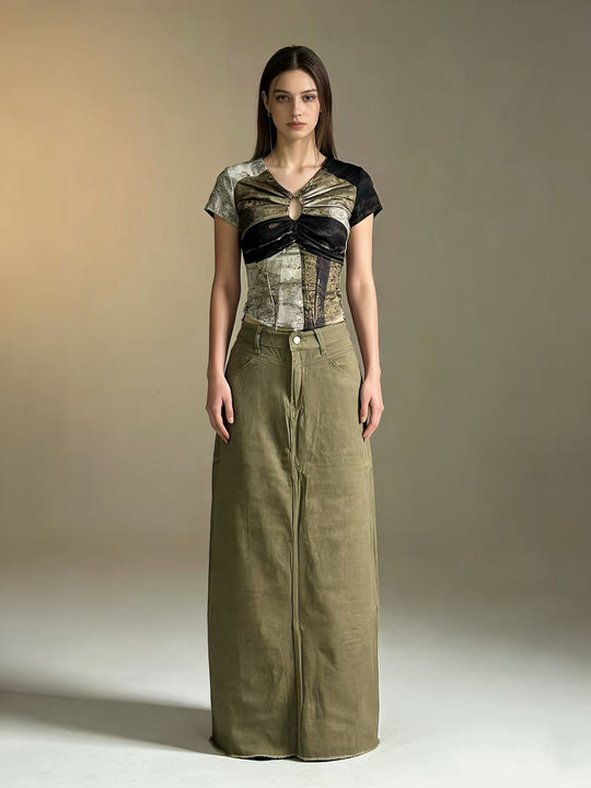 Damen nan langer High-Waist Denim-Maxirock mit gerader Silhouette und rohem Saum EB