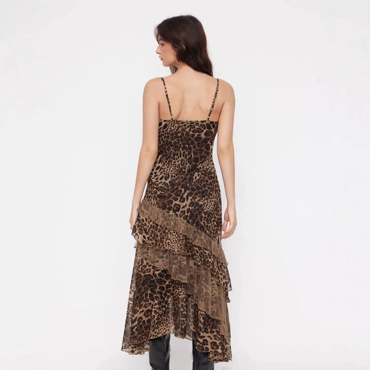 Damen elegantes Midikleid mit asymmetrischem Volant und Animal-Print EB