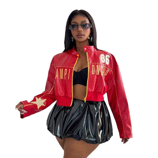 Damen cropped Kunstlederjacke mit sportiven Details EB