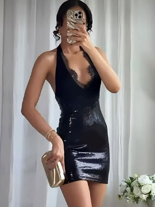 Damen Glamouröses Pailletten-Minikleid mit tiefem V-Ausschnitt und eleganter Spitzenverzierung EB