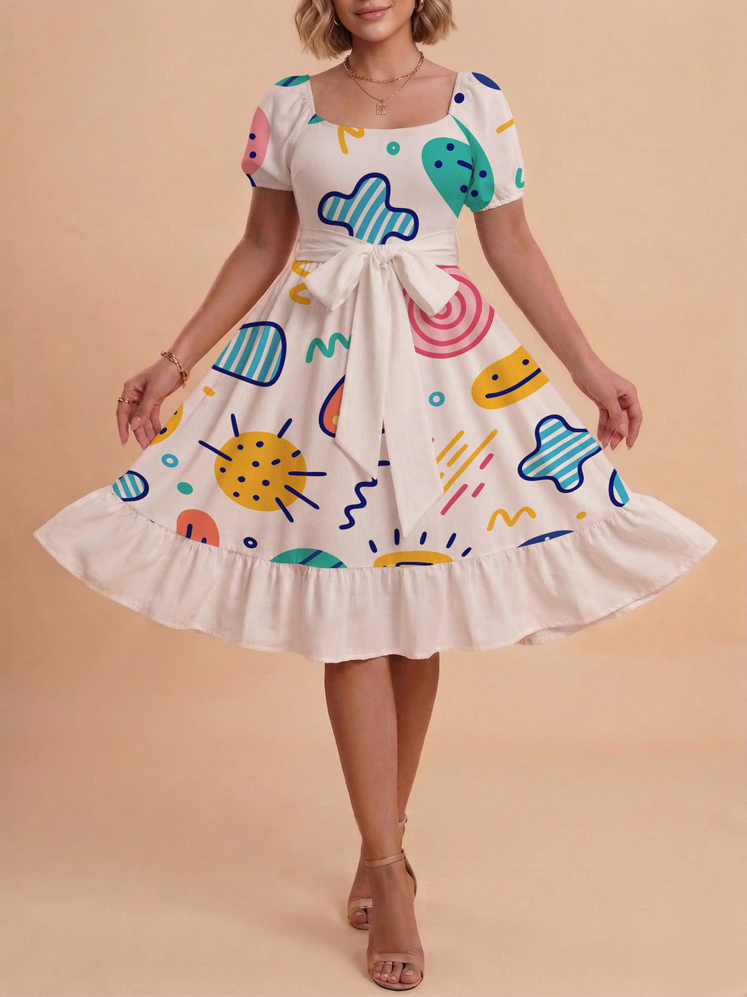Damen Sommerkleid mit floralem Puffärmel und taillierbarem Gürtel EB