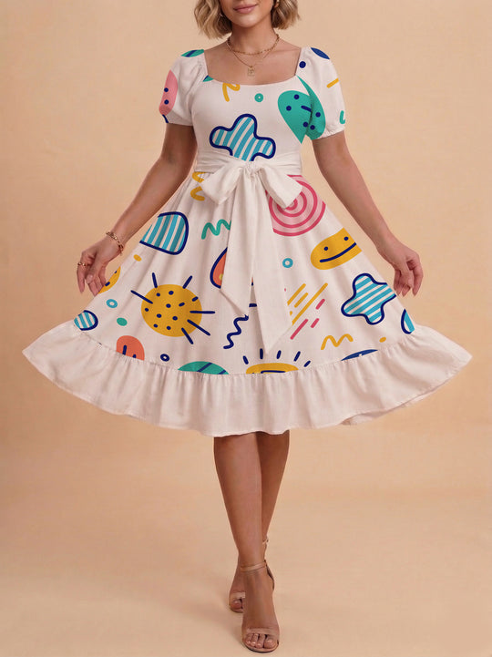 Damen Sommerkleid mit floralem Puffärmel und taillierbarem Gürtel EB