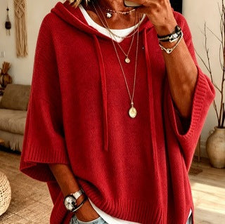 Damen nan Oversize Strickponcho mit Kapuze und kurzen Ärmeln EB