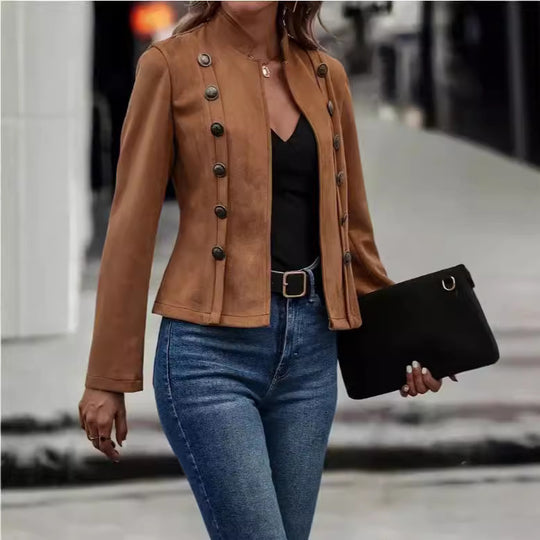 Damen modische Suedejacke mit steigendem Kragen und Knöpfen EB