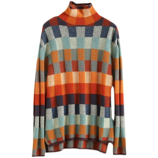 Damen Strickpullover mit modernem Karomuster und hohem Kragen EB