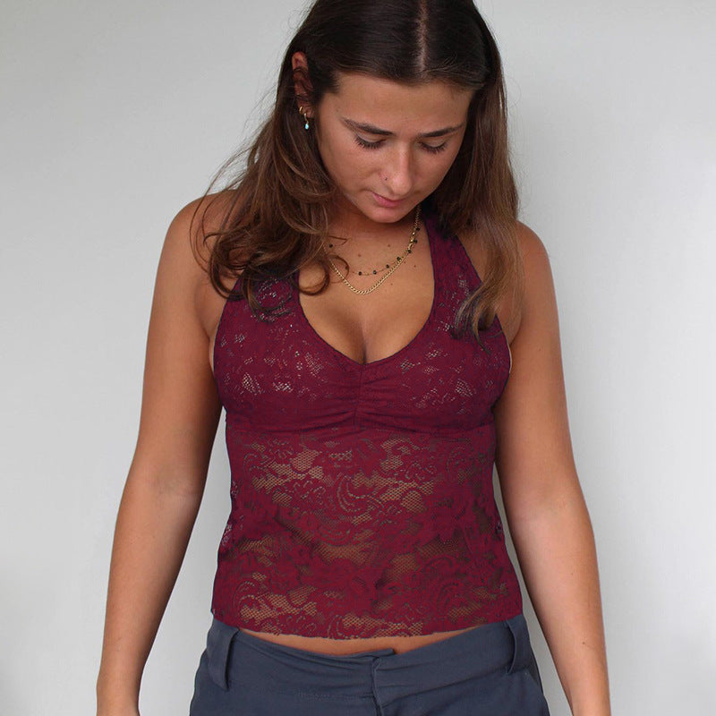 Damen Spitzen-Haltertop mit floralem Muster und tiefem V-Ausschnitt EB