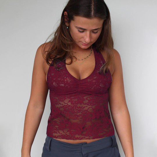 Damen Spitzen-Haltertop mit floralem Muster und tiefem V-Ausschnitt EB
