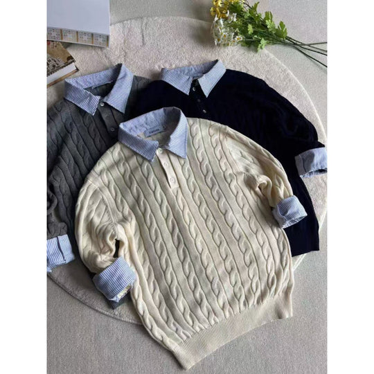 Damen nan gestrickter Polo-Pullover mit Zopfmuster und eingesetztem Hemdkragen EB
