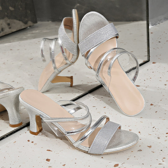 Damen Offene High Heel Sandalen mit transparenten Riemen und funkelndem Detail EB