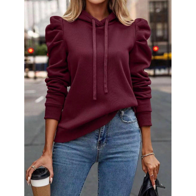 Damen modischer Kapuzenpullover mit Puffärmeln und praktischen Taschen EB
