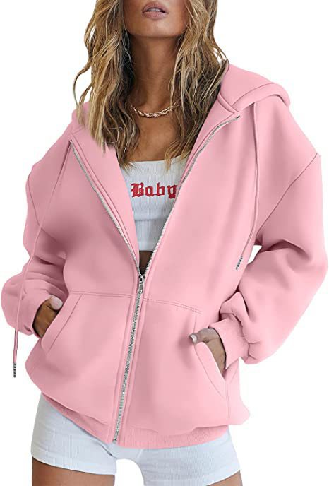 Damen nan oversized Kapuzenjacke mit durchgehendem Reißverschluss Kängurutaschen und weichem Sweatmaterial EB