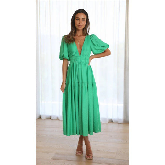 Damen Midi-Kleid mit Puffärmeln und tiefem V-Ausschnitt EB