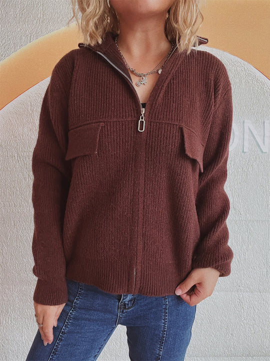 Damen lässige Strickjacke mit praktischen Taschen und hohem Kragen EB