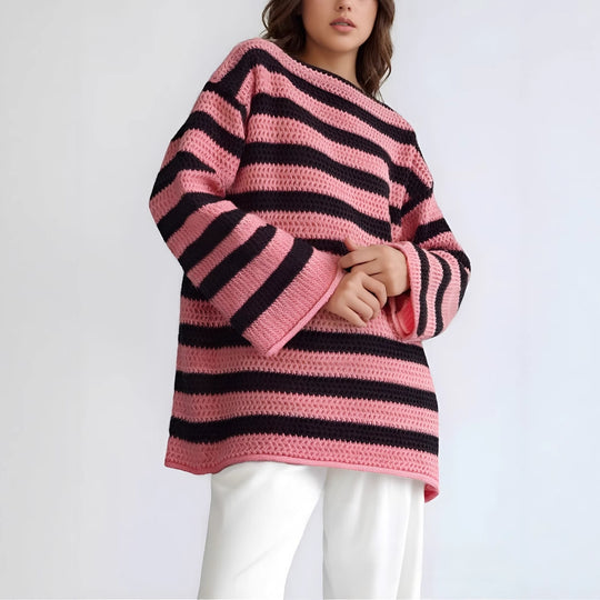 Damen lässiger Strickpullover mit kontrastierenden Streifen und weitem Schnitt EB