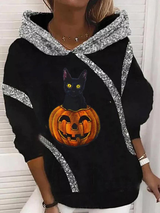 Damen Halloween Kapuzenpullover mit Kürbis- und Katzenprint, Paillettenbesatz und Oversize-Schnitt EB
