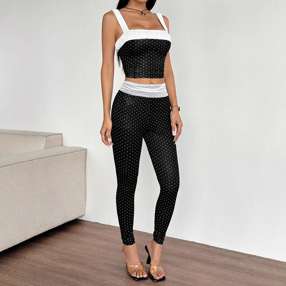 Damen Zweiteiliges Set mit gepunktetem Top und passender Hose EB