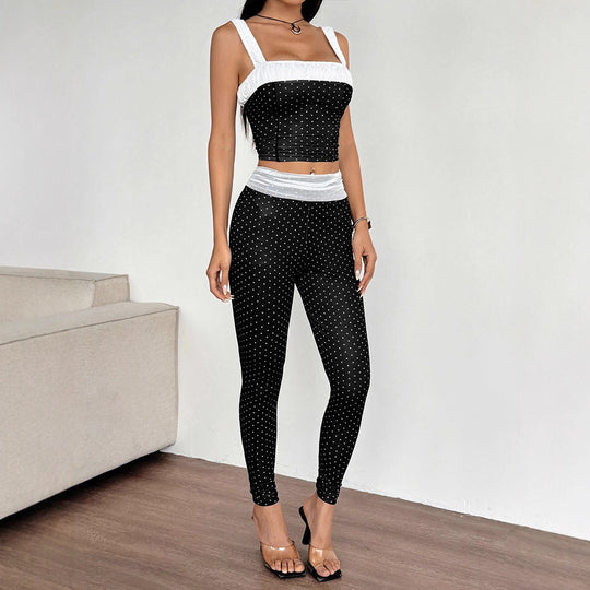 Damen Zweiteiliges Set mit gepunktetem Top und passender Hose EB