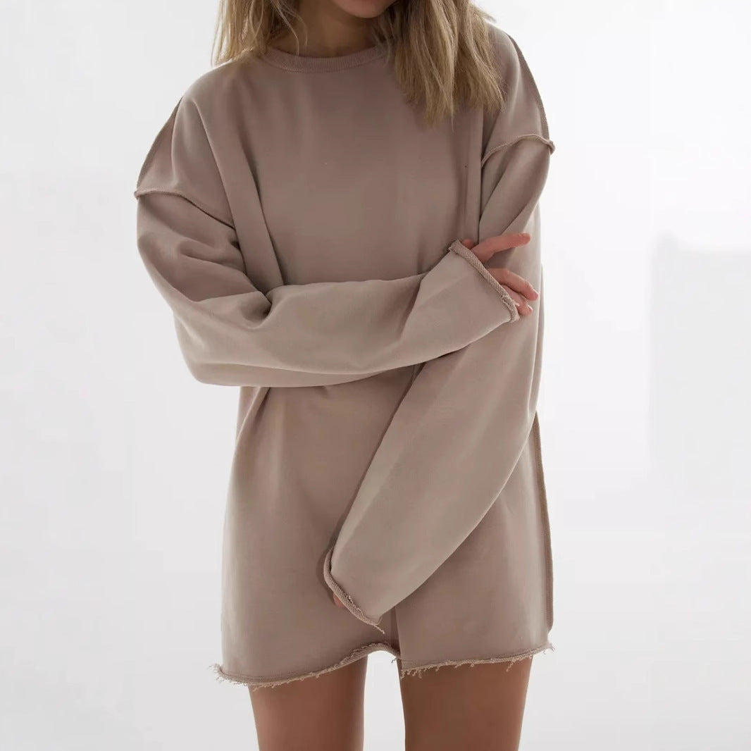 Damen oversized Sweatshirt mit ausgefranstem Saum und verlängerten Ärmeln EB