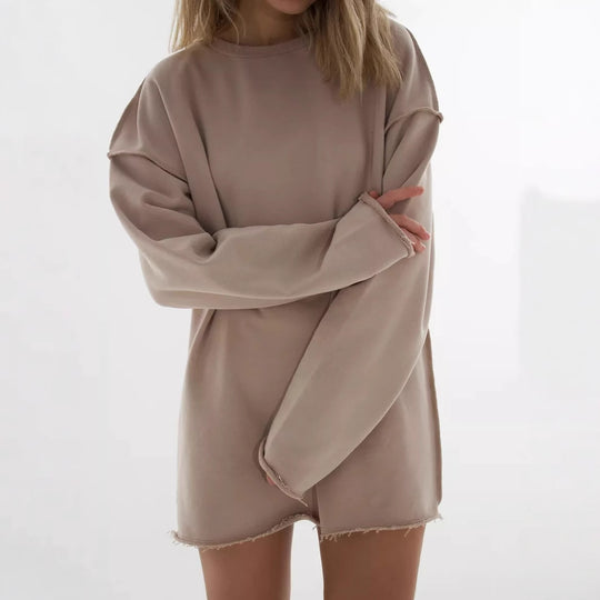 Damen oversized Sweatshirt mit ausgefranstem Saum und verlängerten Ärmeln EB