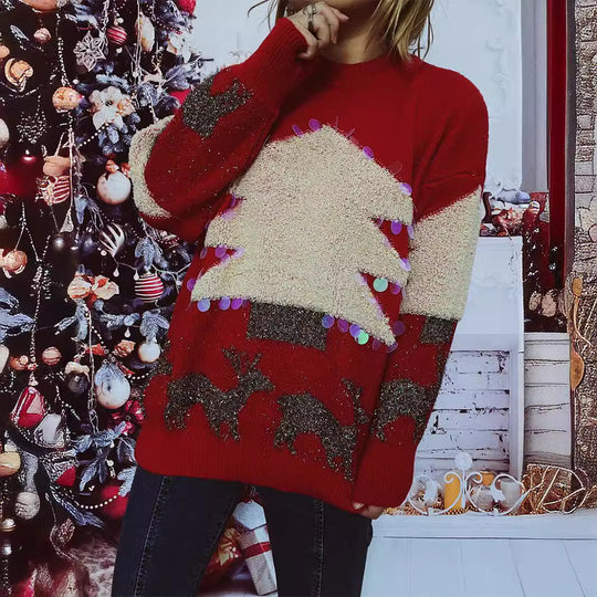 Damen festlicher Pullover mit weihnachtlichem Motiv und Glitzerapplikationen EB