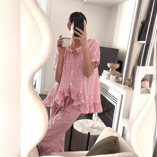 Damen Pyjama-Set mit Rüschen und Karomuster EB