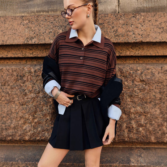 Damen Gestreifter Polo-Pullover mit Knopfleiste und langem Schnitt EB