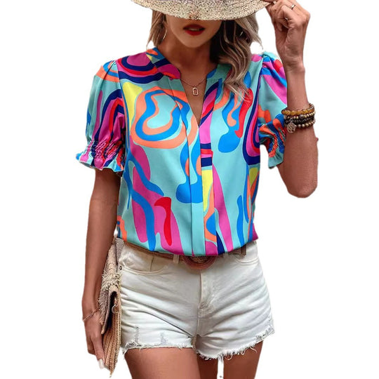 Damen Bluse mit kessen Puffärmeln und kreativem Grafikdesign EB