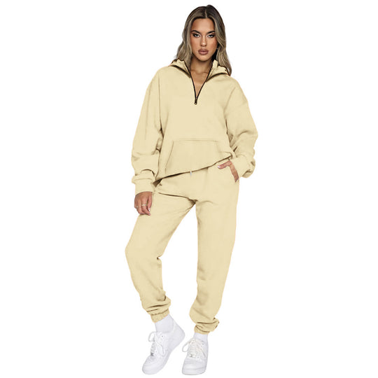 Damen gemütlicher Two-Piece Sweatsuit mit halbem Reißverschluss und praktischen Taschen EB