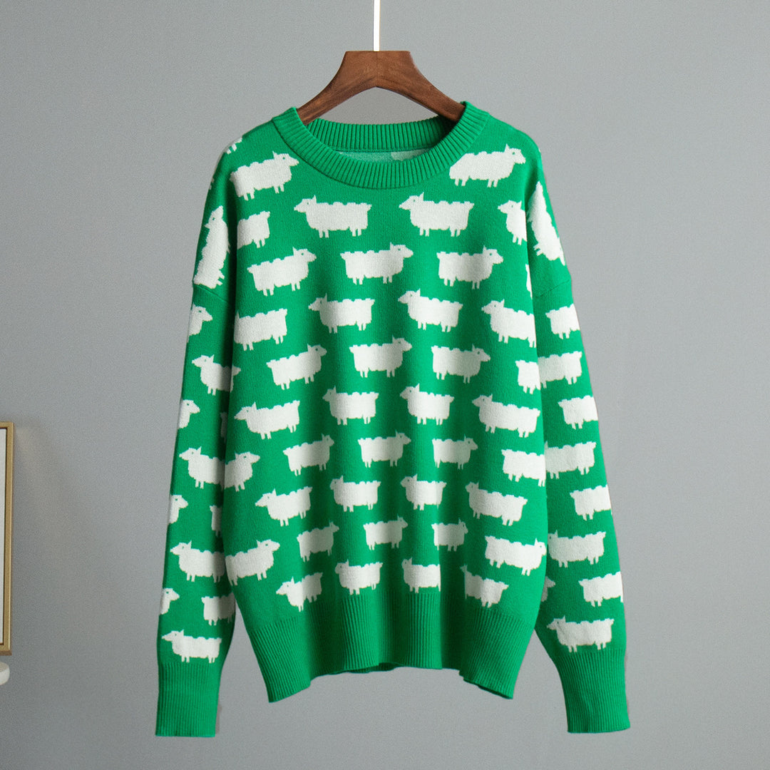 Damen Gemusterter Strickpullover mit Schafmotiven EB