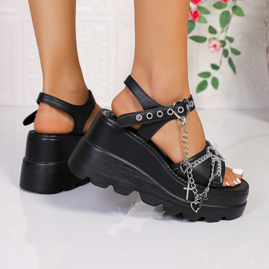 Damen Wedge-Sandaletten mit modischem Ketten- und Herzdesign EB