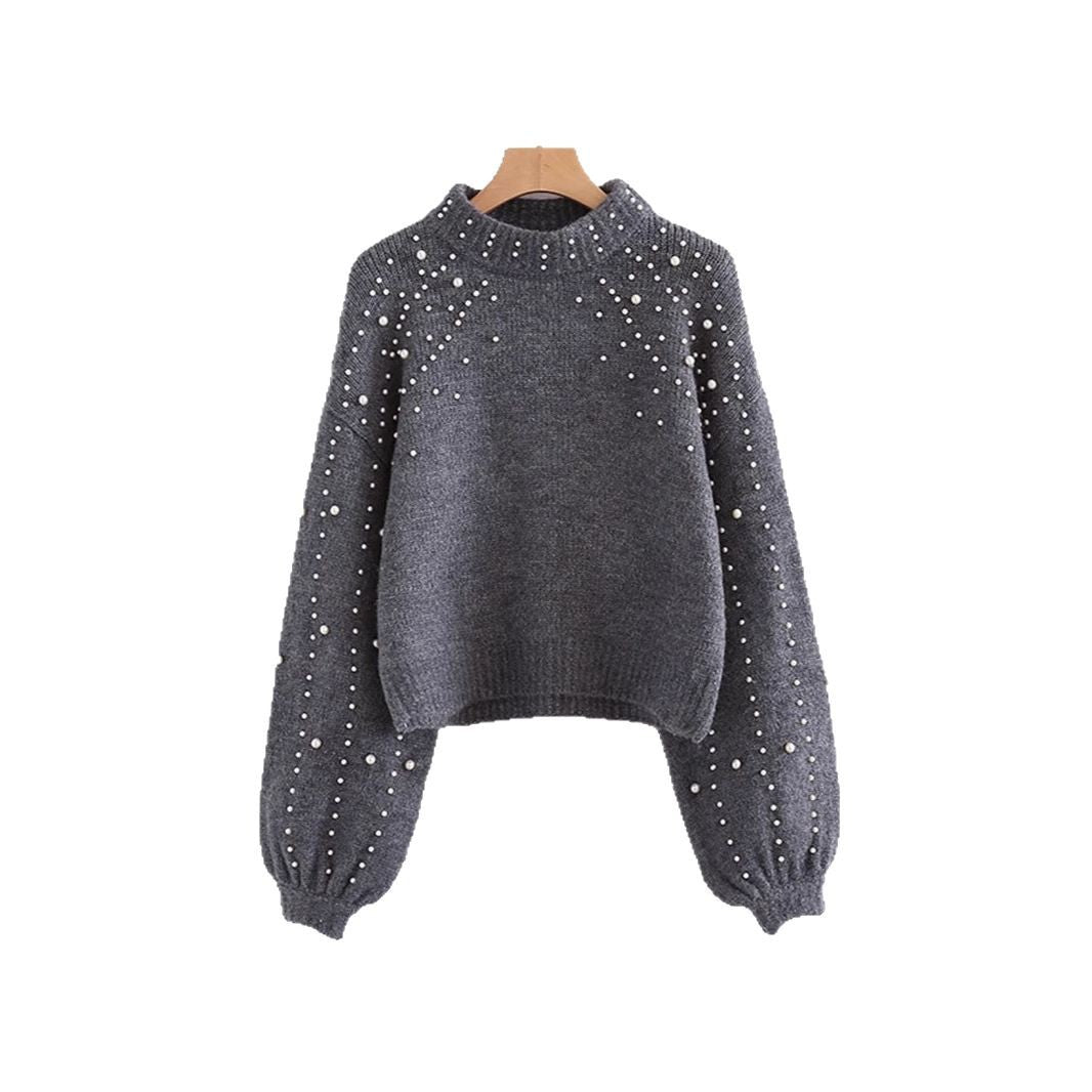 Damen modischer Pullover mit Perlendetails und ballonförmigen Ärmeln EB