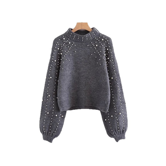 Damen modischer Pullover mit Perlendetails und ballonförmigen Ärmeln EB