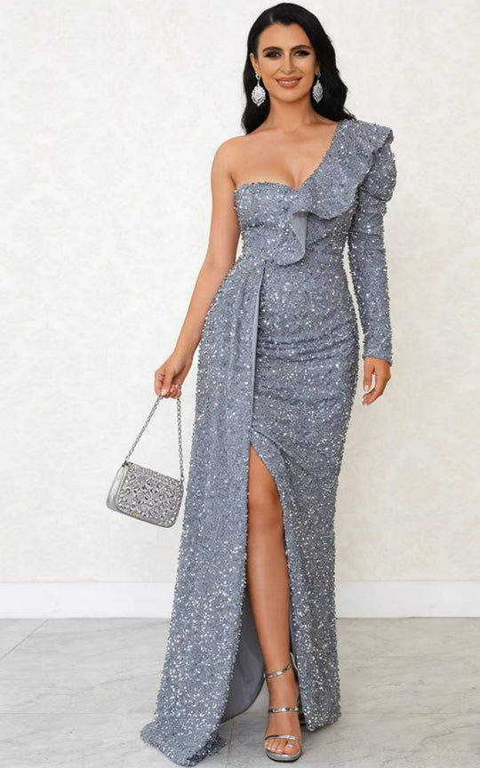 Damen Glamouröses Abendkleid mit asymmetrischem Cut und funkelnden Pailletten EB