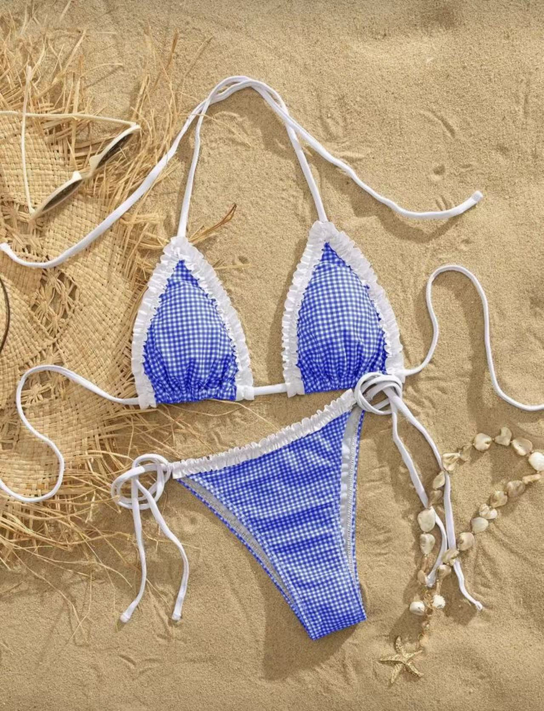 Damen Bikini-Set mit verspieltem Karomuster und charmanten Rüschendetails EB