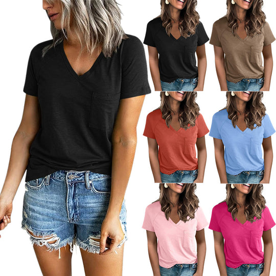 Damen V-Ausschnitt T-Shirt mit Brusttasche EB