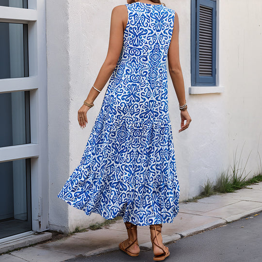 Damen Maxikleid mit romantischem Muster und tiefem V-Ausschnitt EB