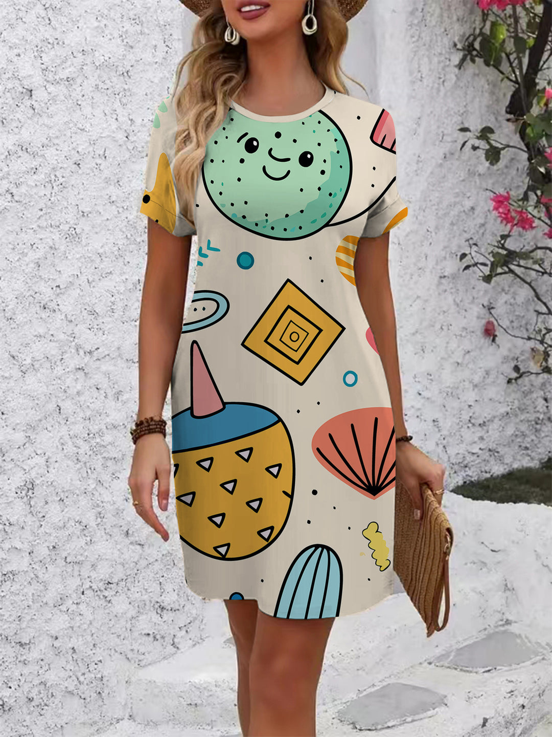 Damen lässiges T-Shirt Kleid mit kreativem Stempel-Design EB