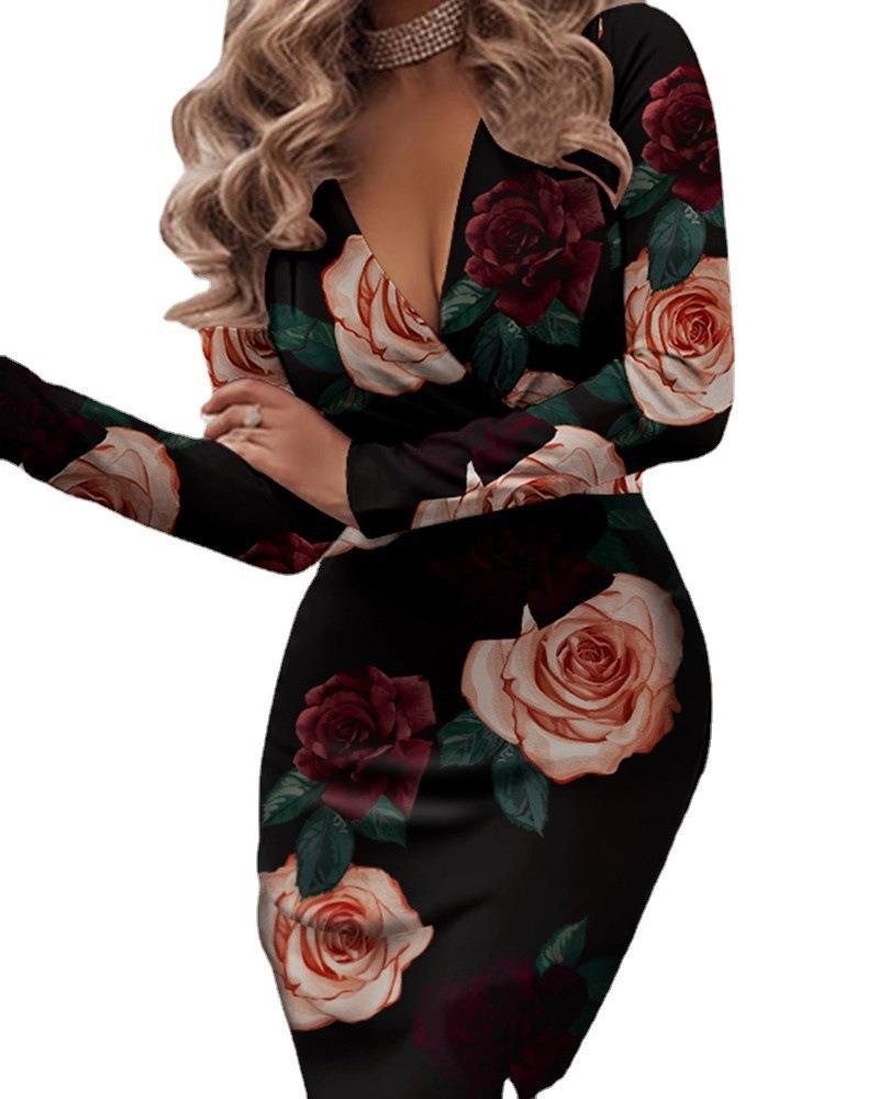 Damen Figurbetontes Wickelkleid mit Blumenmuster EB