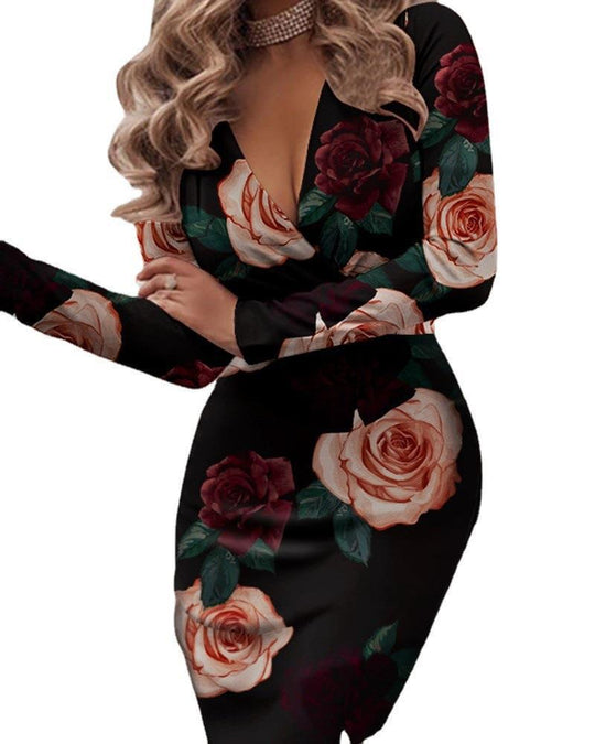 Damen Figurbetontes Wickelkleid mit Blumenmuster EB