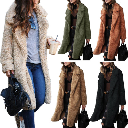 Damen kuscheliger Teddy-Mantel mit elegantem Revers und praktischen Taschen EB