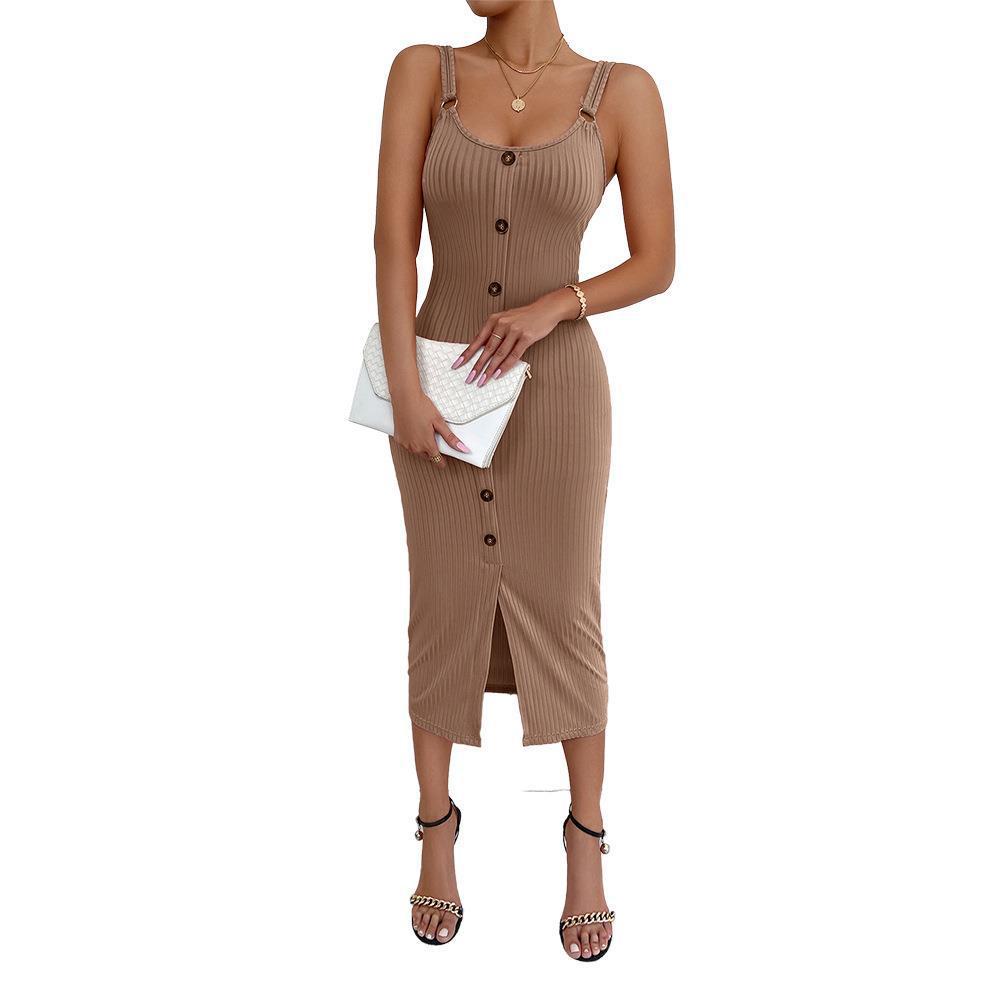 Damen Angesagtes Midi-Kleid mit Knopfdetails und schmaler Passform EB