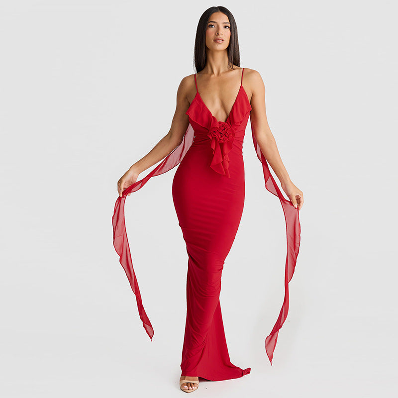 Damen Elegantes Kleid mit fließendem Rüschen-Detail und langen Bändern EB