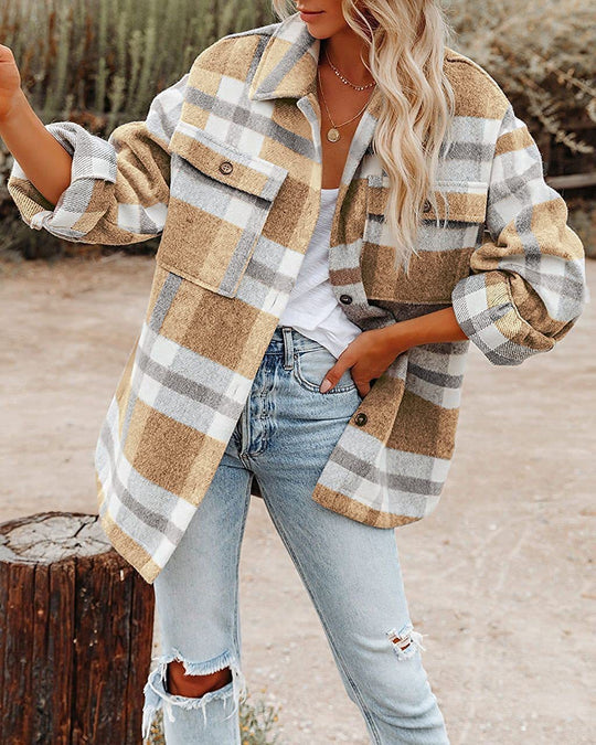 Damen Flanell Overshirt mit kariertem Muster und praktischen Brusttaschen EB