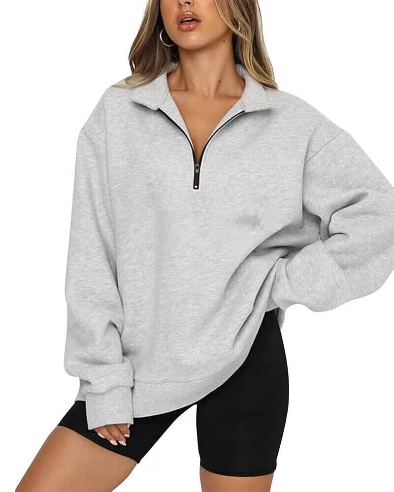 Damen nan oversized Sweatshirt mit halbem Reißverschluss, weichem Fleece-Innenfutter und Kängurutasche EB