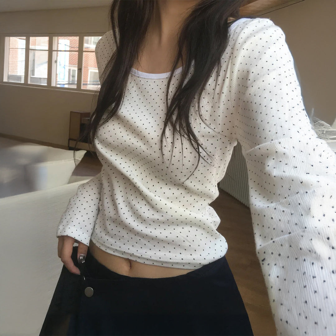 Damen nan geripptes Crop-Longsleeve mit feinem Pünktchenmuster und U-Ausschnitt EB
