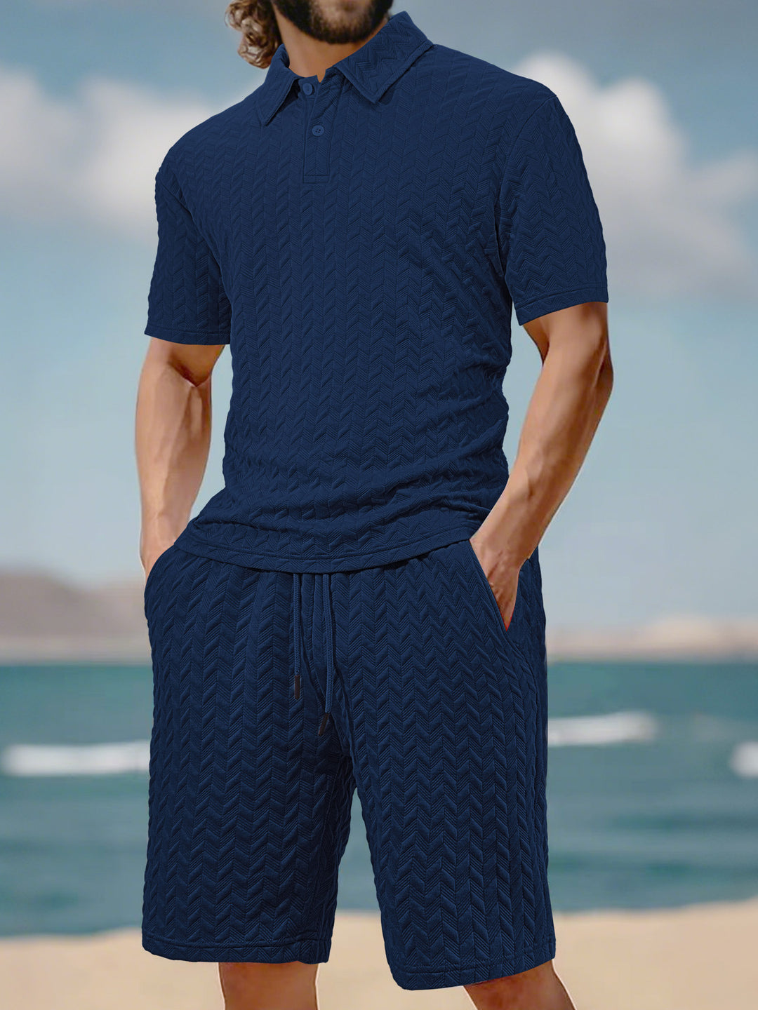 Herren nan geprägtes Strand-Ensemble mit offenem Kurzarm-Hemd und Kordel-Bermuda EB