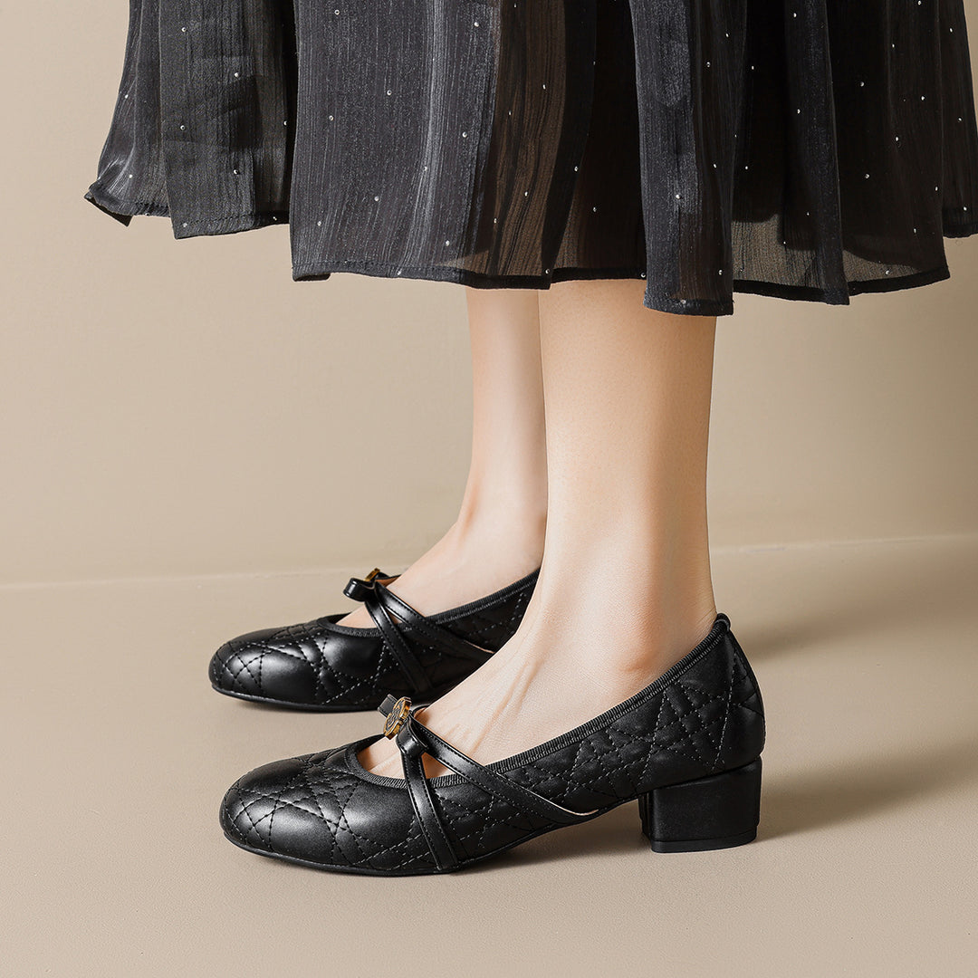 Damen Ballerinas mit dekorativer Schnallenapplikation und komfortablem Blockabsatz EB
